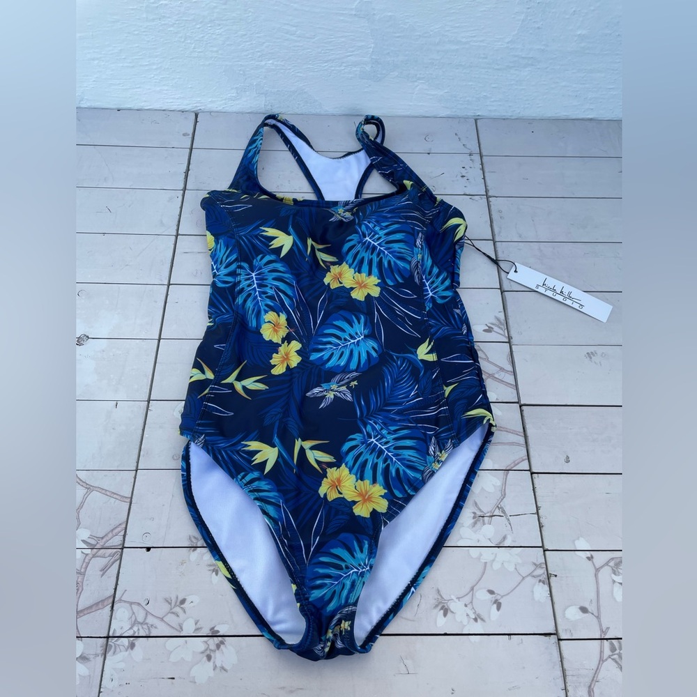 Nicole Miller Navy Floral Kids One-Piece Swimsuit with Yellow Accents